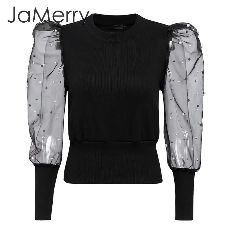 JaMerry, элегантная, жемчужная, сетчатая блузка, рубашка, для женщин, с пышными рукавами, Женский вязаный Топ, рубашка, осень, продается, повседневная, праздничная одежда, женские топы