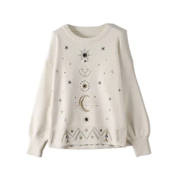 

Geometric Sweater Female Loose Retro Sun Stars Pattern Embroidery Women's Tops Knitted Pullovers Long Sleeve Outerwear TA1083