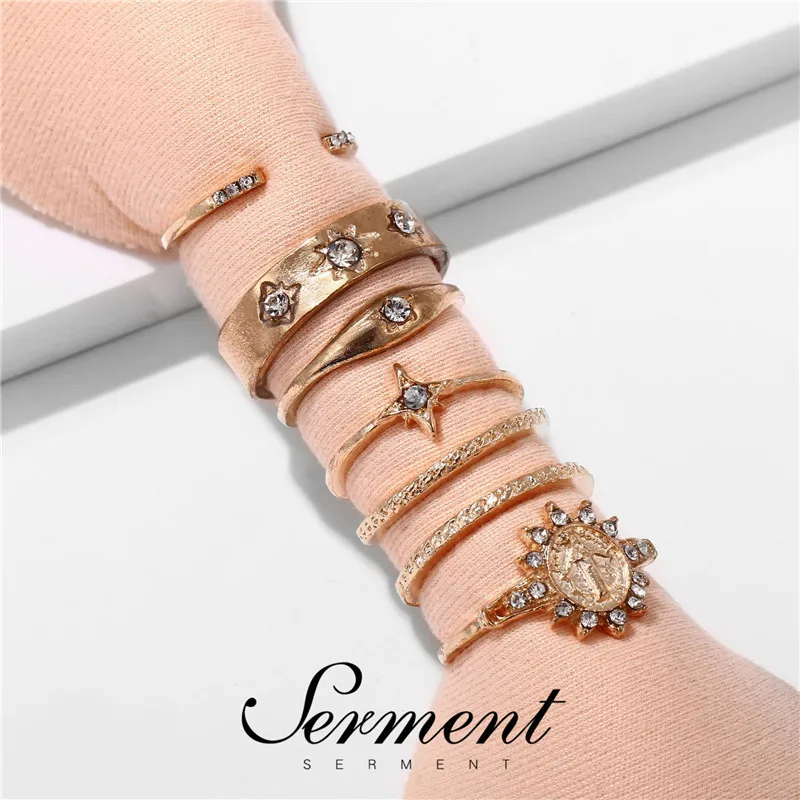 

SERMENT New Fashion Totem Pattern Virgin Ring Set Crystal Gilded Stacking Ring 7-piece Set Ring Jewelry For Female Accessories