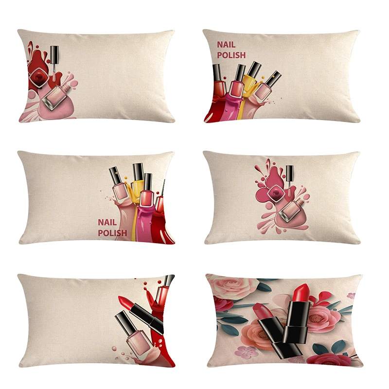 

30*50cm Hand Painted Flowers nall polish cotton linen Waist pillow Cushion Cover and Sofa Pillow Case Home Pillow Cover