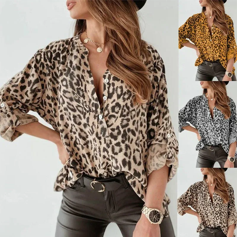 Casual Adjust Button Long Sleeve Female Blouse New Spring Sexy V Neck Leopard Shirt Blusa 2021 Elegant Women Loose Pullover Tops
