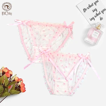 

Cute Japanese Panties Women Gauze Hollow Out Briefs Low Waist Seamless Underwear Ruffles Bow Printed Summer Thin Free Shipping