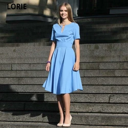 Elegant Beach Satin Short Evening Dresses 2021 Robe De Soirée De Mariage Long Sash V-Neck Short Sleeves Simple Prom Party Gown