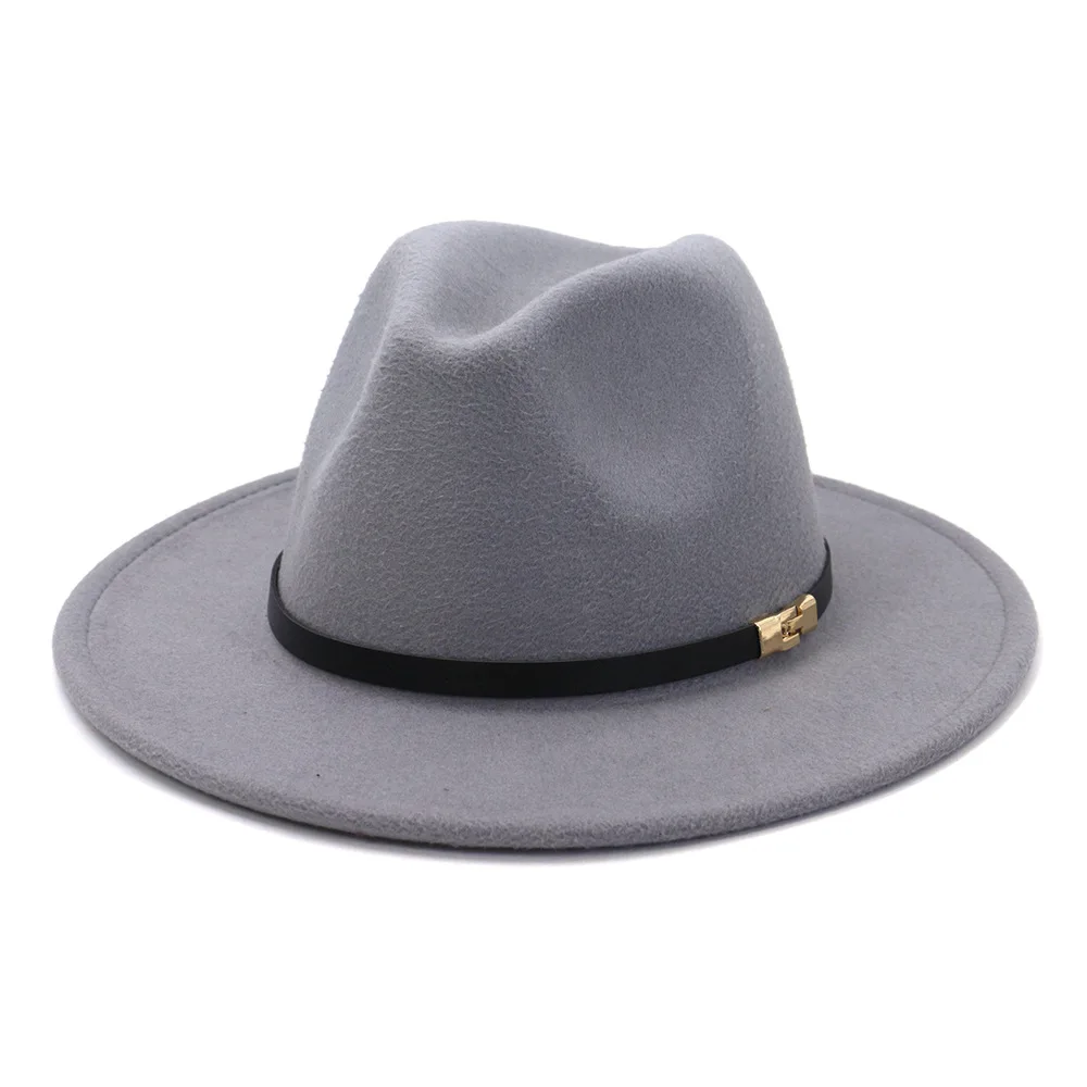 grey fedora hat 2022 New Fedora Hat For Women British Style Black leather belt decoration Felt Hats Imitation Woolen Jazz Hat Chapeau Wholesale trilbies