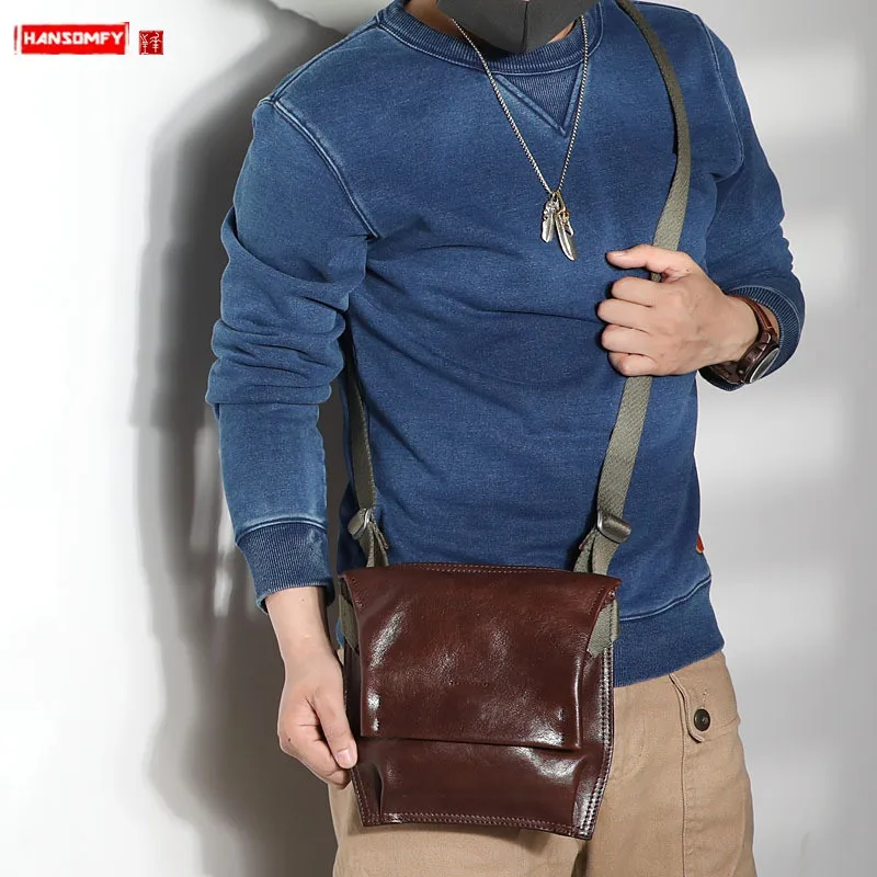 

2022 New Vintage Leather Men's Shoulder Messenger Bag Thin Small Bag Casual Male Crossbody Bags Flip Cowhide Leather Soft Men