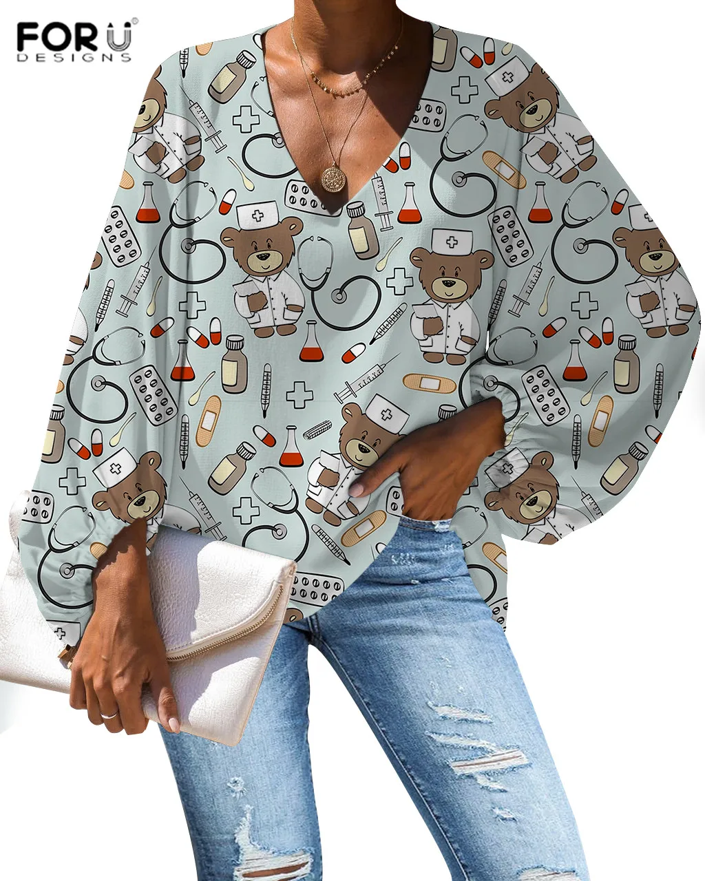 FORUDESIGNS Harajuku Shirt Women Cartoon Nurse Bear Printing Blouse Casual Loose Long Sleeve Shirt Tops Plus Size V-neck
