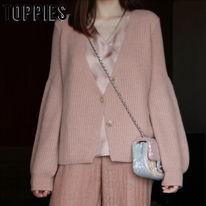 

Pink Cardigan Lantern Sleeve V Neck Sweater Woman Knitted Jacket Coat Single Breasted 2019 Fall Outwear