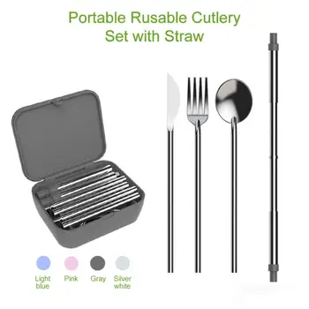 

1 Set Portable Rusable Cutlery Set With Straw Outdoor Camping Supplies Cutlery Set Multi-functional Fork Knife Tableware Western
