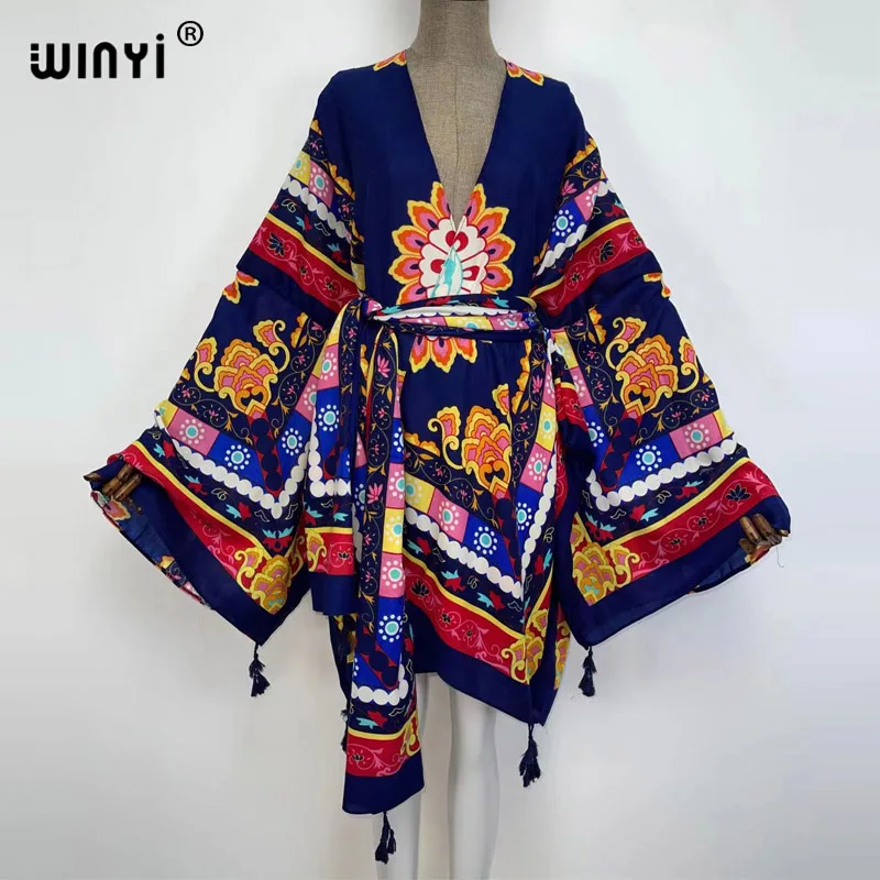 2021 WINYI new Cotton Bikini Sweet Lady Pink Boho Print Self Belted Front Open Long Kimono Dress Beach Tunic Women Wrap Dresses bathing suit with matching cover up Cover-Ups