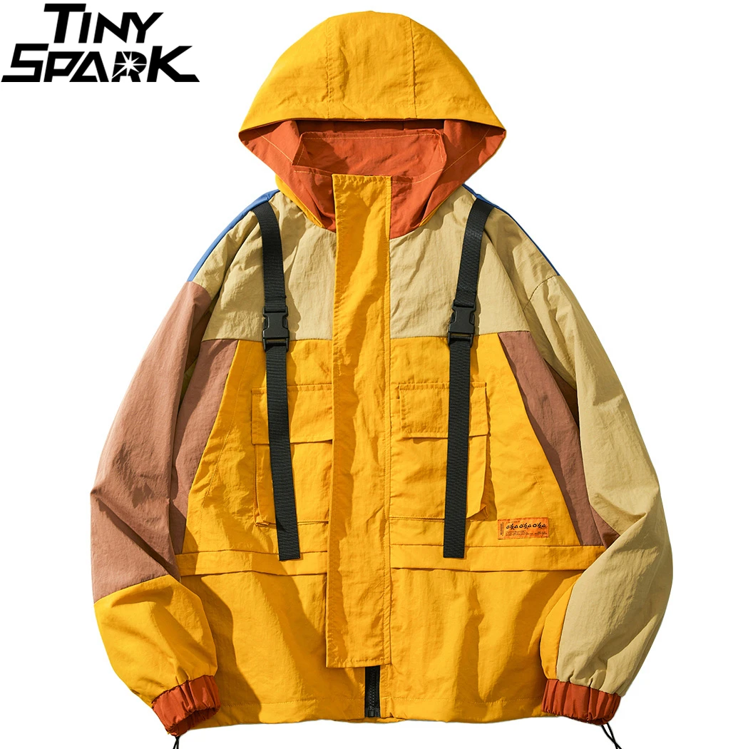 

2019 Streetwear Hip Hop Hooded Windbreaker Jacket Men Vintage Color Block Jacket Coat Harajuku Pocket Track Jacket Fall Outwear