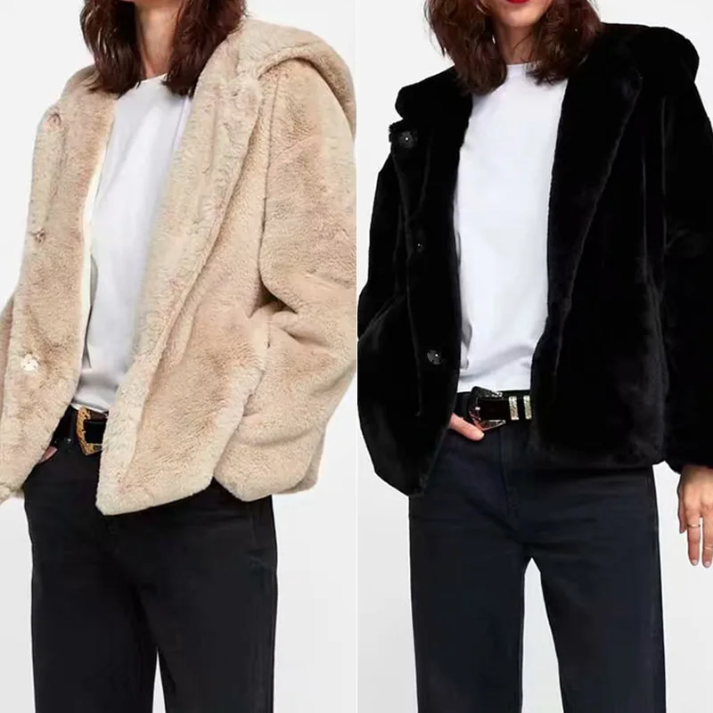 

Spain Single Autumn And Winter Women's Two-color Artificial Fur Clothing Effect Hooded Thick Solid Color Coat