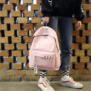 

#H5 Ring Decoration New Canvas Backpack Women Waterproof School Travel Bags for Teenagers Girls Laptop Solid Backpacks