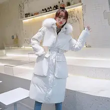 JuneLove женское повседневное теплое пуховое пальто с воротником из меха енота, элегантная длинная верхняя одежда, винтажное женское плотное белое пуховое пальто