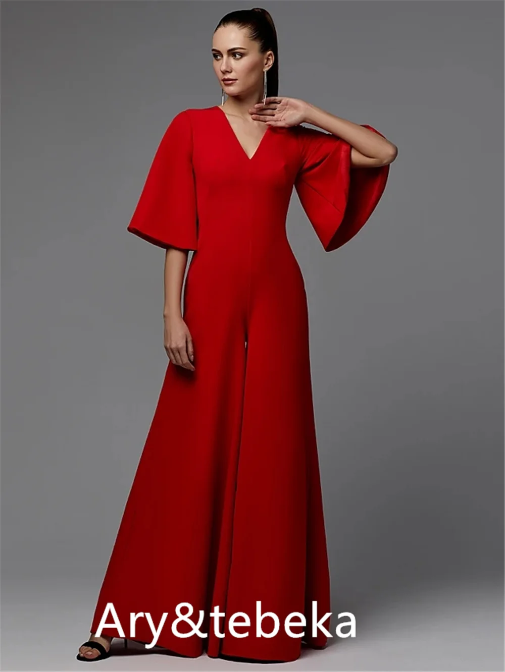 Jumpsuits Minimalist Engagement Formal Evening Dress V Neck Half Sleeve Floor Length Satin with Pleats 2021 long sleeve prom dresses Prom Dresses