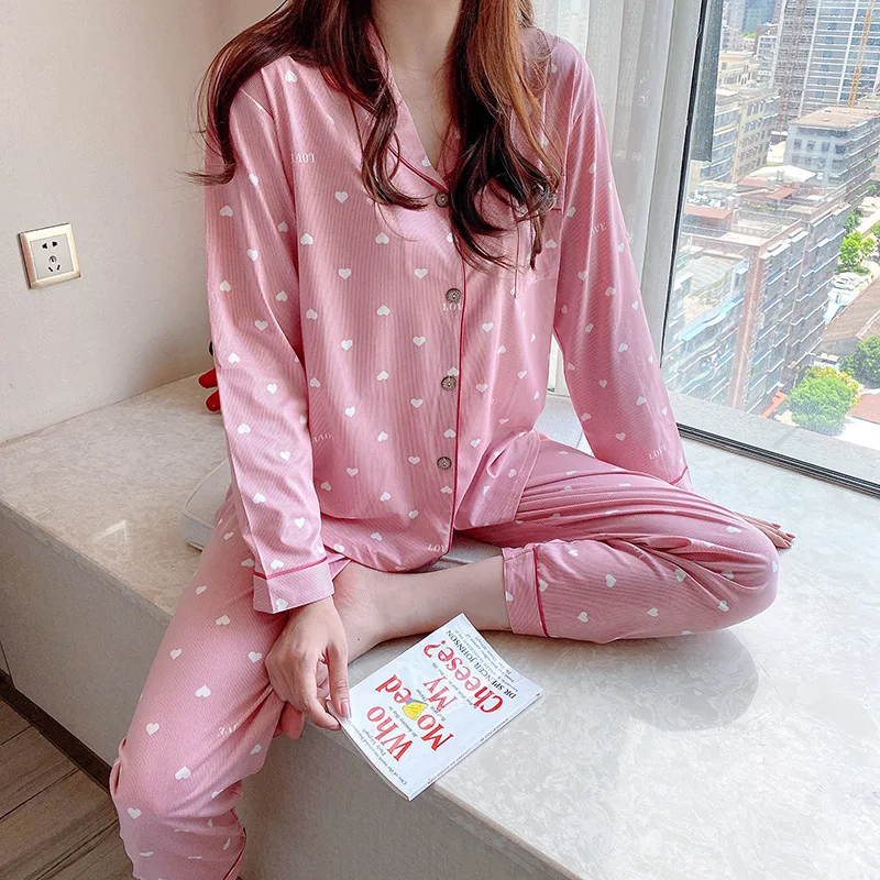 

Autumn 2020 Spandex Pajamas Women Long-sleeved Trousers Cardigan Home Suit Sleepwear Women Set Pyjamas Nightwear Women