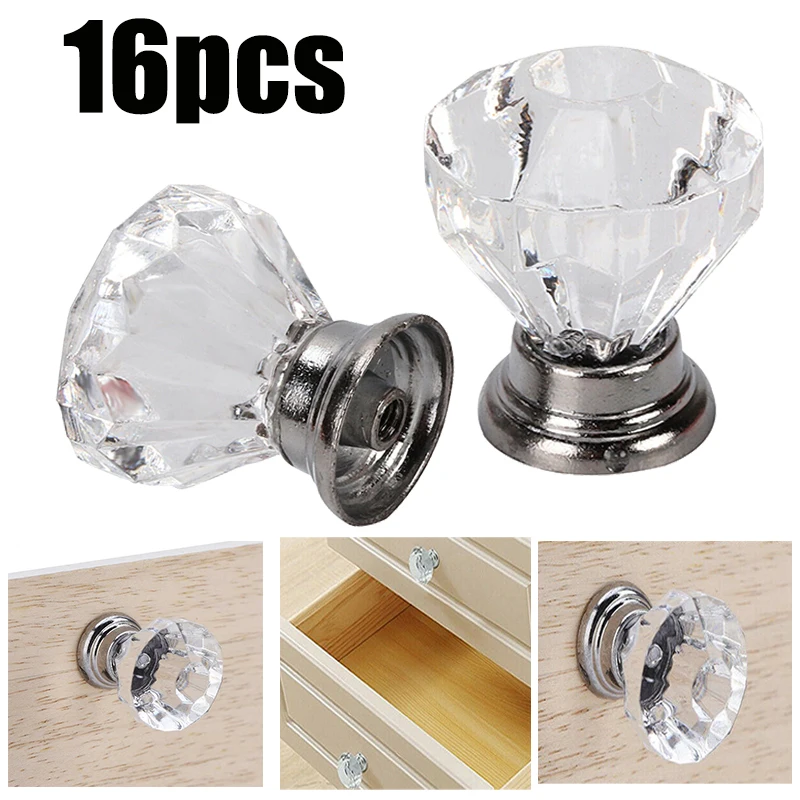 

16pcs 30mm Clear Diamond Crystal Glass Door Knobs Cupboard Drawer Cabinet Pull Handle for Cabinet Furniture Drawers