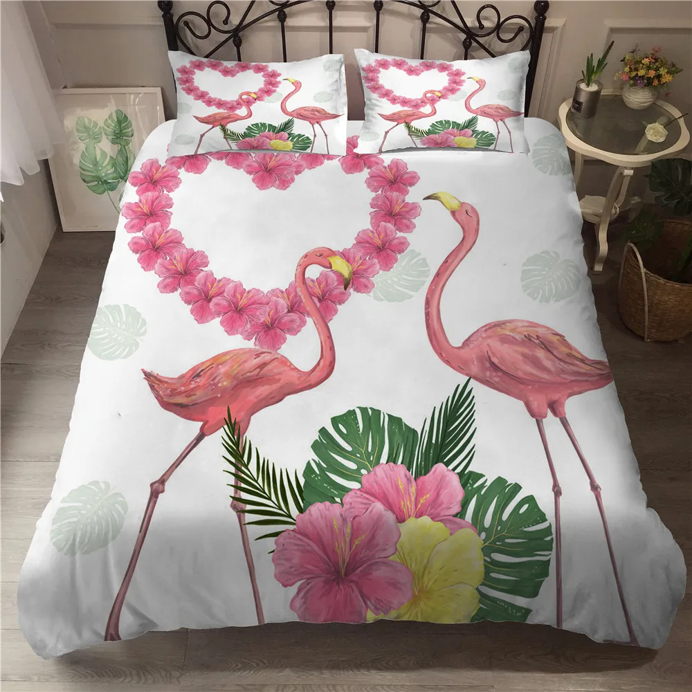 

King Size Bedding Set Bed Clothes Flamingo Printed Lover Pattern Double Bedspread with Pillowcases Bed Linens
