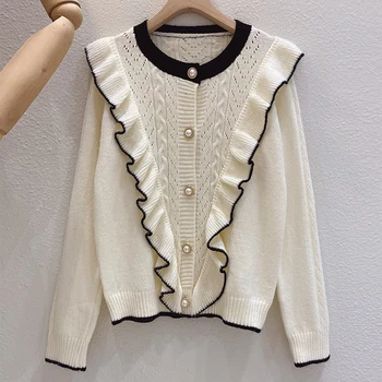 

fresh and sweater cardigan female small sweet sweet wind sweater black fungus and students relaxed falbala sports coat