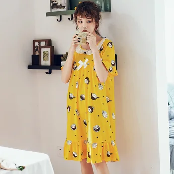 

Korean Version Cotton Nightdress Short Sleeve Ruffled Round Neck Stitching Ladies Summer Sweet Cute Cartoon Thin Gowns Gecelik