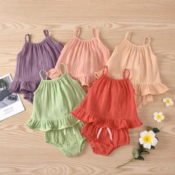 

2PCS Summer Newborn Kid Baby Girls Clothes Sets Candy Colors Solid Sling Crop Tops + Shorts Outfits 0-24M