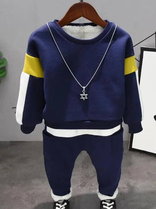 2pcs set winter 2pcs baby sets fashion brand boys baby clothes Thicken Stitching sweater+ thicken pant boys suits baby boys clothing sets - Color: 2pcs set