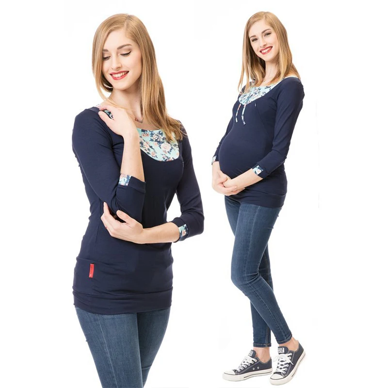 Navy blue Блузка-Пижама для беременных, топы, рубашка, одежда для кормящих матерей, футболка для женщин, Кружевная комбинация для беременных и кормящих детей - Цвет: Navy blue