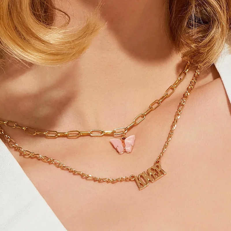 

2020 Wholesale European and American Cross-border Jewelry Fashionable Acrylic Butterfly Necklace Double Letter Angel Pendant