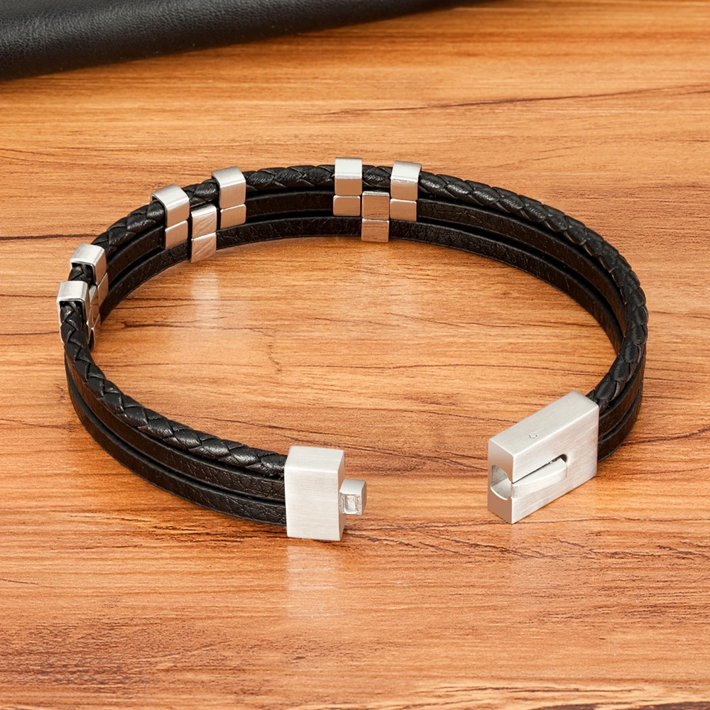 Black Brown Blue Color Three-Layer Stitching Accessories Stainless Steel Men’s Leather Bracelet Advanced Design Style Gift