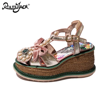 

New Summer Platform Sandals Women Genuine Leather Rhinestone Straw Luxury High-heel Thick Bottom Roman Wedge Sandals Female