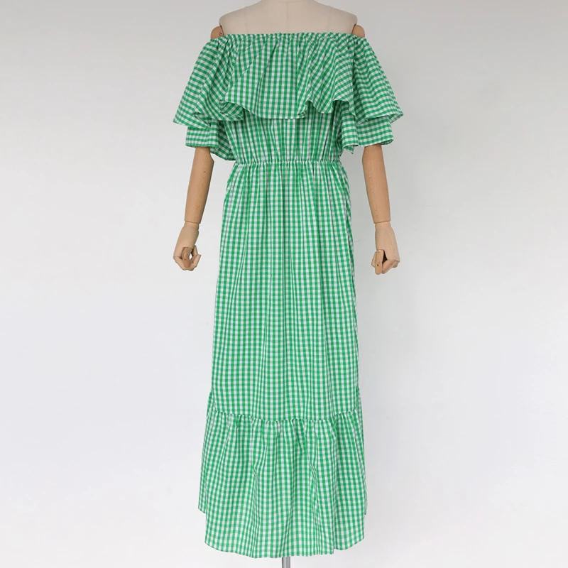 CHICEVER Elegant Plaid Dress For Women Off Shoulder Slash Neck Short Sleeve High Waist Ruffles Midi Dresses Female Summer