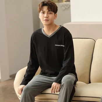 

MELIFLE Autumn 100% Cotton Men's Pajamas Set Long Sleeve V-Neck Satin Sleepwear Suit for Men Winter Warm Silk Male Loungewear