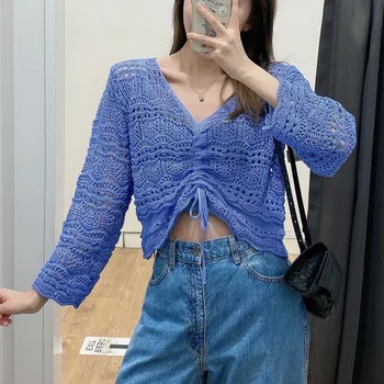 

KUMSVAG 2020 Summer Women Drawstring Sweater Tops Long Sleeve V-Neck Hollow Out Solid Female Street Fashion knitting Sweaters
