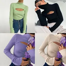 

Hollow Out Sweater Women's Long Sleeves Knitted Sweater Stitching Shinny Tops Women's Turtleneck Base Shirt Purple Sweater