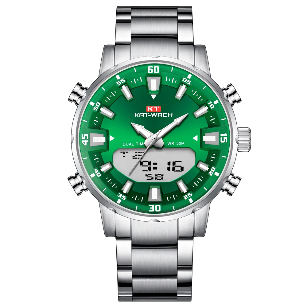 KT New Mens Watches with Stainless Steel Dual Display Waterproof 3D Dial Analog Digital Chronograph Male Sport Style KT1815 - Цвет: KT1815Green