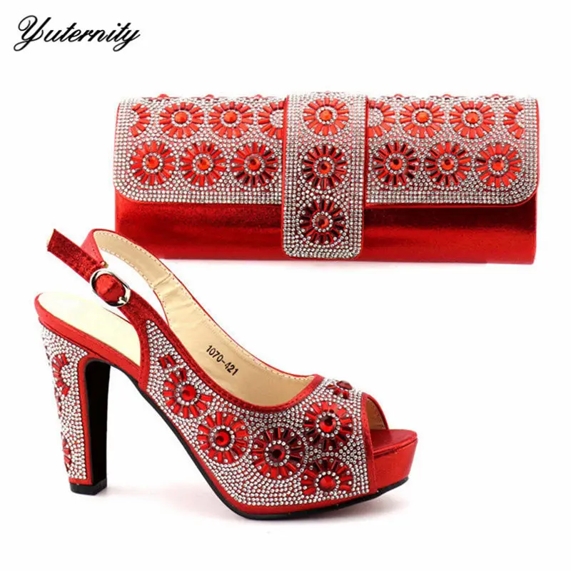 

High Quality Red Color Peep Toe Shoes And Bag Set Latest Design Italian Spike Heels Shoes And Purse Set For Wedding Size 38-42