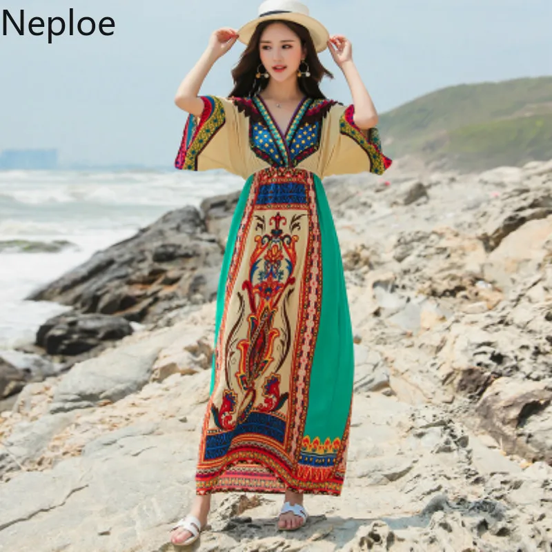 Neploe Инди народный принт Платье женское с v-образным вырезом Половина рукава Vestidos Лето Высокая талия платья на завязках 44623