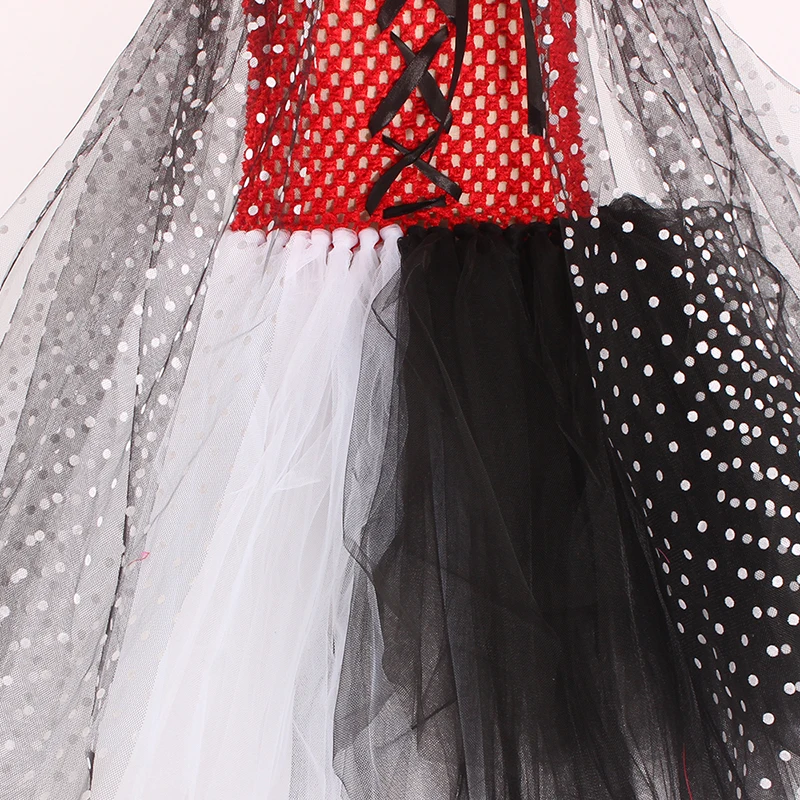 Cruella De Vil inspired Girls Tutu Dress with Headband Kids Dalmatians Villain Halloween Costume Polka Dot Children Party Dress (12)