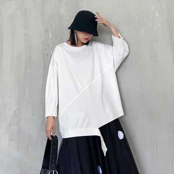 

loose Women White Pleated Asymmetrical Big Size T-shirt New Round Neck Long Sleeve Fashion Tide Spring Autumn 2020 1R801
