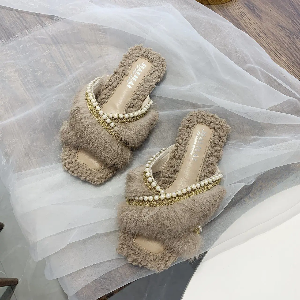 Apanzu Inverno Caldo Vera Pelliccia Pantofole Donna Perline Paillettes Bling Peluche Scarpe Da Donna Donna Furry Natural Rabbit Hair Shoes