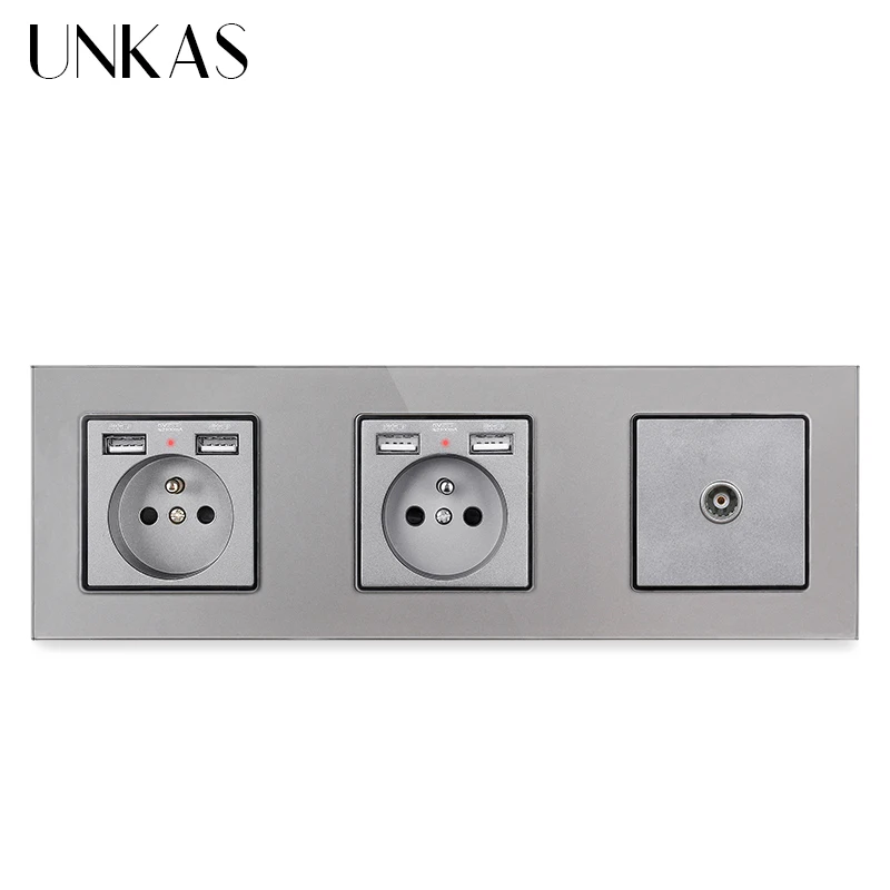 Двойная французская стандартная розетка со стеклянной панелью UNKAS с 4 USB портами