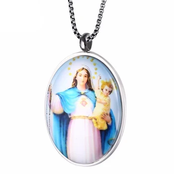 

RIR Stainless Steel Mother Virgin Mary Child Jesus Portrait Pendant Necklace Religious Catholic Jewellery Gift For Women
