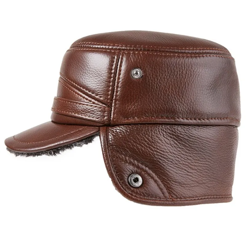 SILOQIN Men's Winter Bomber Hats Natural Genuine Leather Caps for Men gorras Fur Warm Earmuffs Hat Anti-cold Cowhide Leather Cap winter hat,fashion hat,fur hat,earflap hat