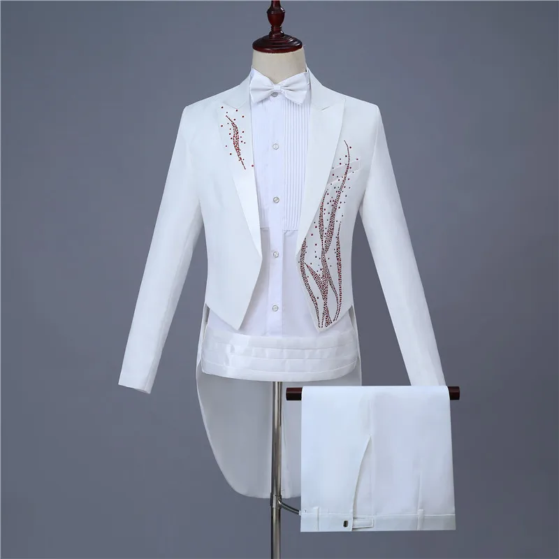 Модный мужской белый смокинг с инкрустацией бриллиантами, Свадебный вечерний банкет, комплект из 2 предметов, приталенный смокинг с отворотом(куртка с хвостом+ брюки - Цвет: as picture