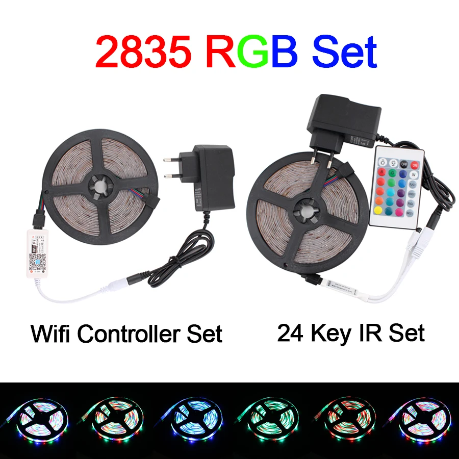 Цветная(RGB светодиодный полосы WI-FI свет SMD 2835 ТВ светодиодный лента 12V Водонепроницаемый переменного тока, постоянный ток, 5 м 10 м 60 светодиодный/M украшения адаптер ИК WI-FI контроллер комплект