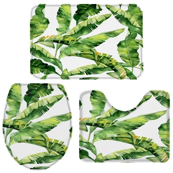 

3 Pieces Bathroom Set Tropical Leaves Banana Palm Leaves Bath Set Toilet Cover Mat Pedestal Rug Non-Slip Bathroom Rug Set