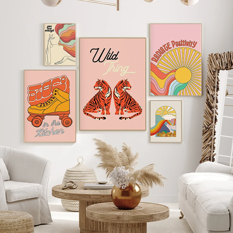 

Modern Abstract Nordic Posters Feminism Tiger Rainbow Skates Line Woman Wall Art Canvas Painting Wall Pictures Living Room Decor