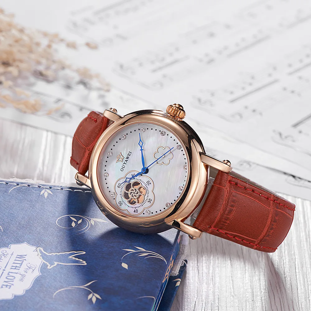 

Europe-asia wei ouyawei Red Genuine Leather Women's Fully Automatic Hollow out Shell Analog Watch