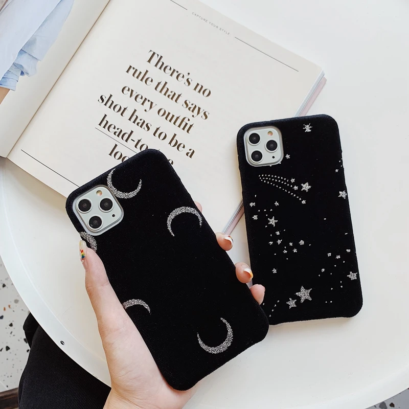 

Tfshining Winter Warm Fabric Glitter Star Moon Phone Case For iphone 11 Pro Max Xr Xs Max 6 s 7 8 Plus X Plush Lovely Girl Cover
