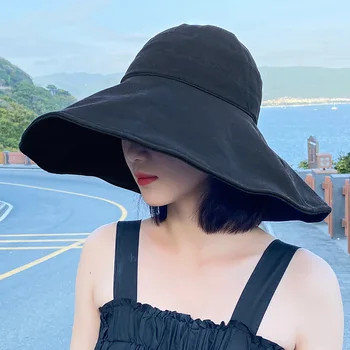 

Fashion Summer Wide Brim Bucket Hats Women Reversible Korean Fisherman Caps Anti-sunburn Ladies Outside Hip Hop Bucket Hat Black