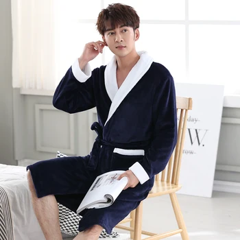 

Belt Pyjamas Men Winter Warm Nightwear Coral Fleeece Home Clothing Intimate Lingerie Short Thick Flannel Kimono Bathrobe Gown